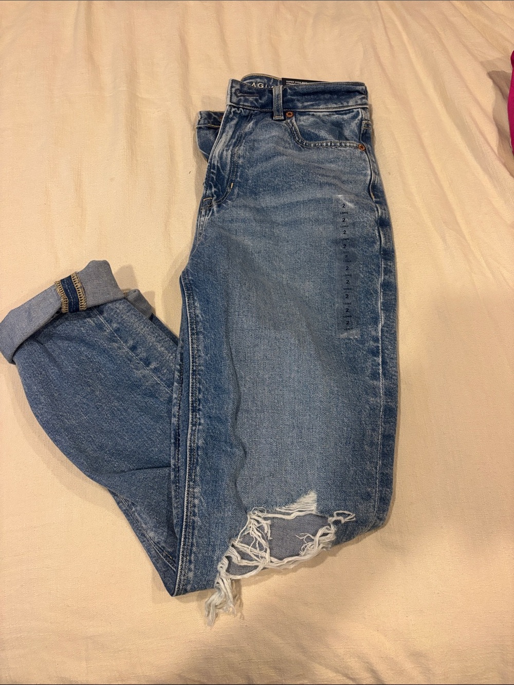 American Eagle Outfitters Boyfriend Jeans - Medium Blue with Distressed Hem